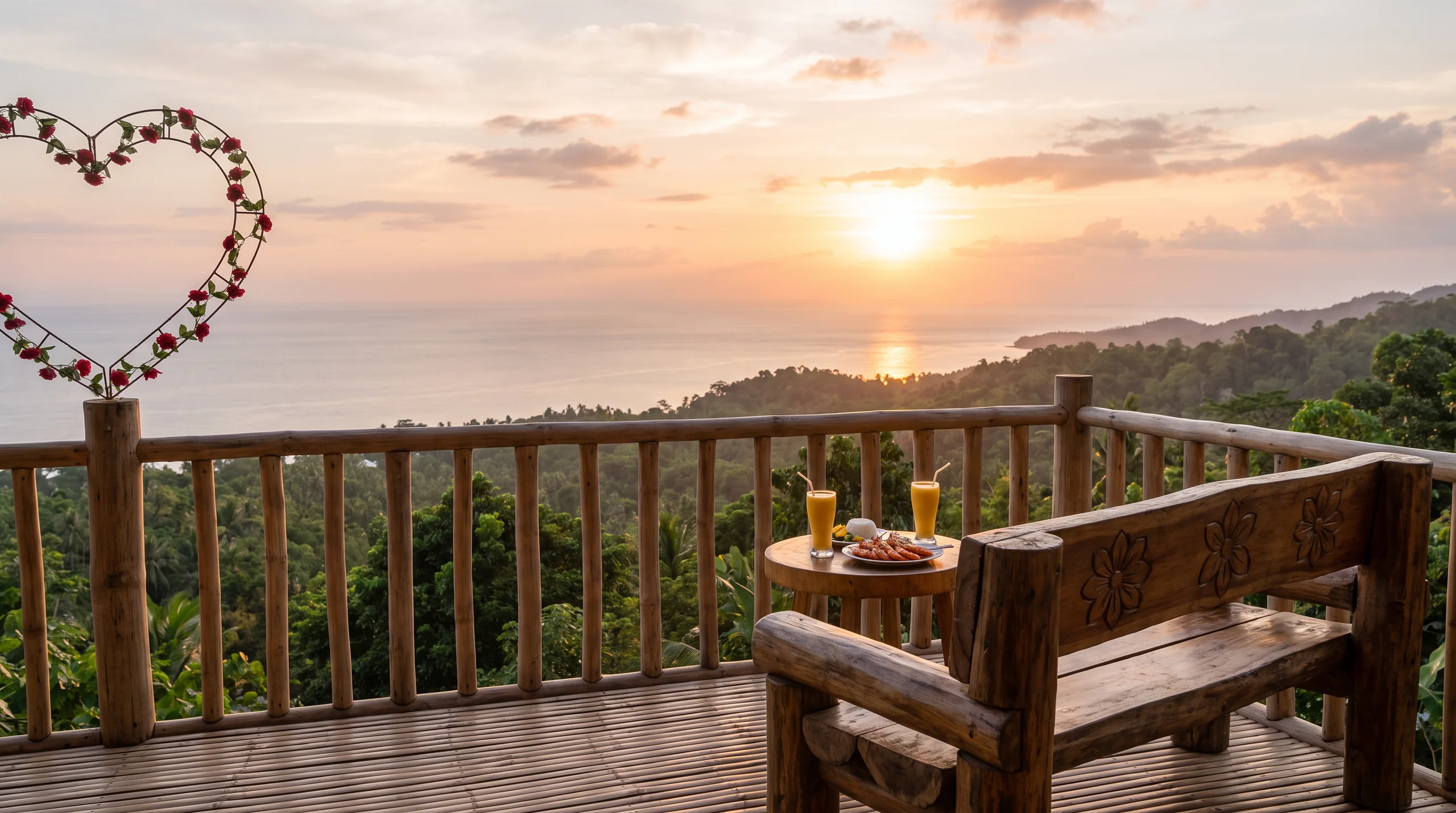 Sunset from the bamboo deck at Thornton's: carved bench, café table, jungle and sea
